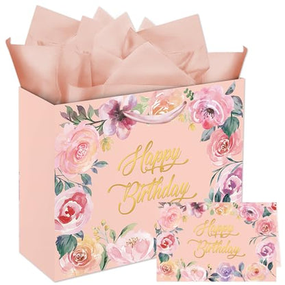 Woohookaka 13" Elegant Rose Gift Bag Set - Premium Pink Gift Bags with Tissue Paper & Card for Women's Birthday, Mother's Day, Anniversary Luxury Packaging - color: Rose