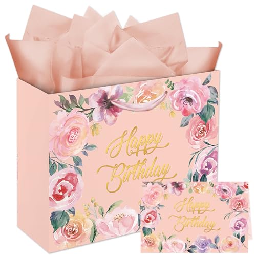 Woohookaka 13" Elegant Rose Gift Bag Set - Premium Pink Gift Bags with Tissue Paper & Card for Women's Birthday, Mother's Day, Anniversary Luxury Packaging - color: Rose