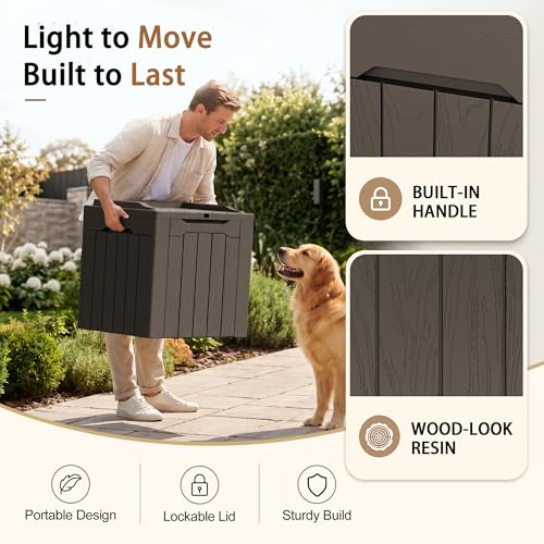 JUMMICO 31 Gallon Resin Deck Box Waterproof Indoor Outdoor Storage Boxes for Patio Furniture Cushions and Garden Tools (Brown) - color: Brown, size: 31 gallon