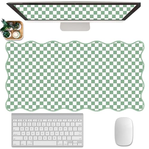 Scalloped Desk Mat Extended Large Cute Mouse Pad Vintage‌ Desk Pad XXL Aesthetic Plaid Mousepad Checkered Gaming Mouse Pad for Keyboard Computer Laptop Home Office Accessory Girly 31.5X15.7Inch Green - color: Green, size: 31.5" x 15.7"