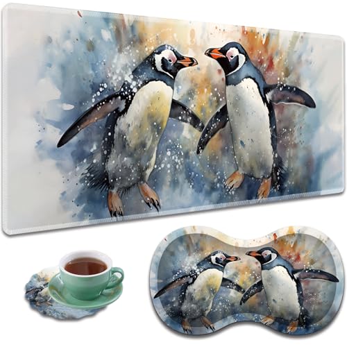 Large Gaming Mouse Pad + Mouse Wrist Rest Pad + Coaster Combination, 31.5 "x 11.8" Durable Non-Slip Extension Table Mat, Suitable for Office and Home, Watercolour Penguins - color: Watercolour Penguins