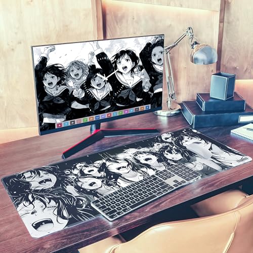 XXL Black & White Manga Gaming Mouse Pad – Large Japanese Art Desk Mat for Keyboard & Mouse – Non-Slip Water-Resistant Surface, Stitched Edges – 35.4x15.7 in (XX-Large) - color: Ahegao, size: 35.4L x 15.7W inches