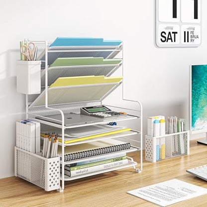 Simple Trending 7 Tier Desk File Organizer, Letter Tray Paper Organizer with Pen Holder and Metal Hanging Basket, White - color: Pen holder White