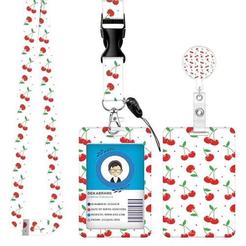ID Badge Holder with Lanyard Fashionable ID Card Holders with Retractable Lanyards Soft Fiber Metal Clip Sturdy Buckle for Key Wallet Work Nurse Teacher (Retro Cherry with Bow) - color: Retro Cherry With Bow