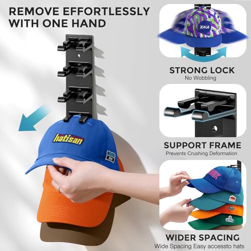 Hat Organizer for Baseball Caps, 2 Pack Hat Rack for Wall Closet Door Hold up to 16 Hats,Hat Holder with Adhesive and 8 Screws, Hat Hanger Cap Holder Hat Hangers for Wall Closet Door Bedroom(A-Black) - color: A-Black