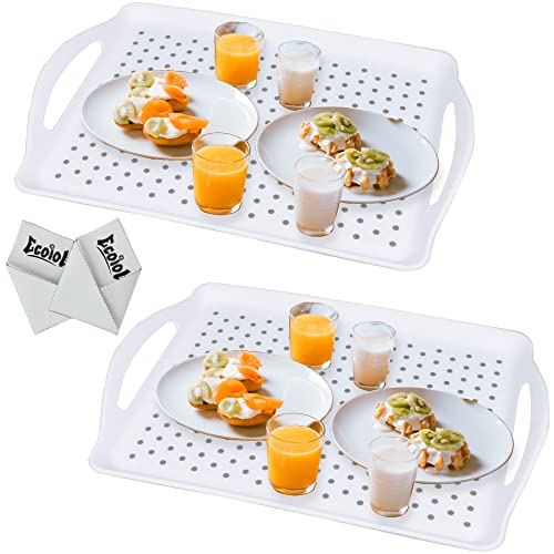 ECOIOU Non Slip Food Serving Tray with Handles, Rectangle Anti-Slip Non-Toxic Dishwasher Safe Tray for Snack Fruit Dessert Breakfast Drink Come with Cleaning Cloths, White - color: White