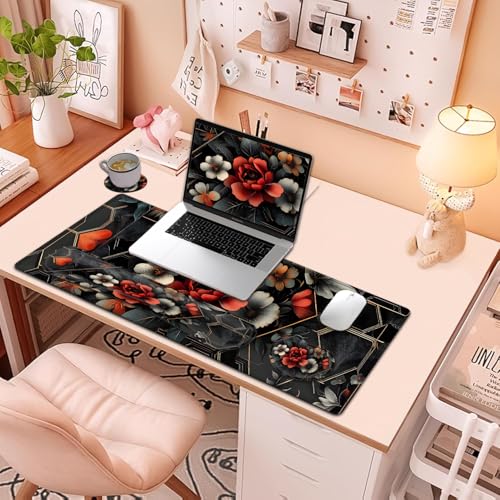 Large Mouse Pad + Keyboard Wrist Rest Set, Extended Gaming Mousepad (31.5X11.8 inch) with Non-Slip Rubber, Ergonomics Memory Foam Mouse Wrist Rest Support, Futurist Flowery Floral XXL Desk Pad - color: Yu-Mouse Pad-3-B33