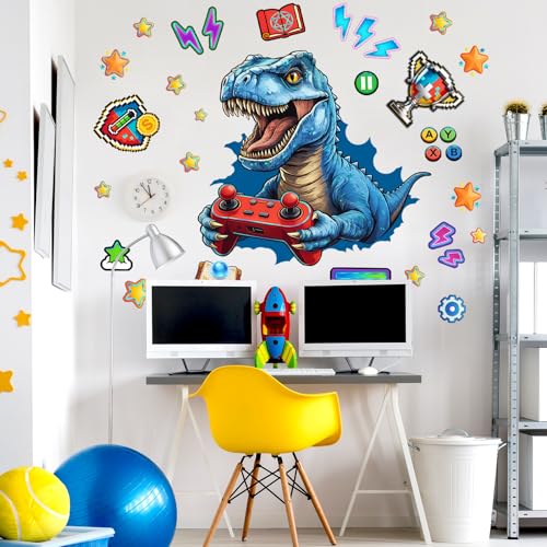 Gaming Dinosaur Wall Stickers Blue Pixel Art Dinosaur Game Console Trophy Decal Cartoon Peel and Stick for Kids Room Playroom (Dinosaur)
