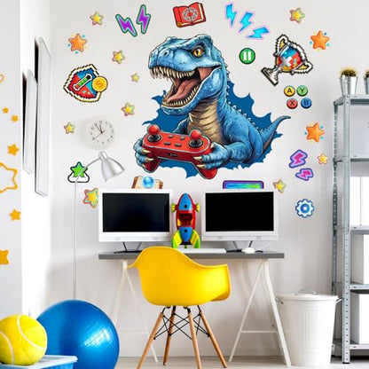 Gaming Dinosaur Wall Stickers Blue Pixel Art Dinosaur Game Console Trophy Decal Cartoon Peel and Stick for Kids Room Playroom (Dinosaur)