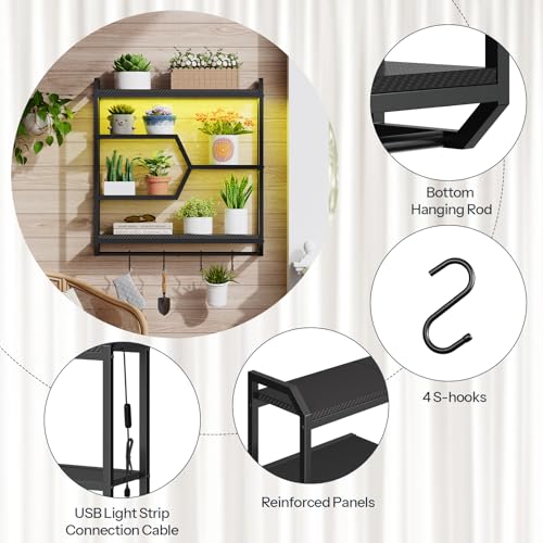 HOOBRO Gaming Floating Shelf with LED Lights, 27.5" LED Wall Mounted Shelf with Hanging Rod & 4 S-Hooks, 4-Tier Hanging Display Rack, for Living Room, Gaming Room, Black BB71DBJ01