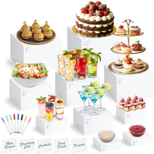 10 Pcs White Acrylic Buffet Risers with Mini Sign and Marker, Food Display Stands for Buffet Table Party Catering Dessert Jewelry Collectibles, Acrylic Cube Nesting Boxes with Hollow Bottoms 8 Sizes (10" 9" 8" 7" 6" 5" 4" 4" 3" 3") - color: 10" 9" 8" 7" 6