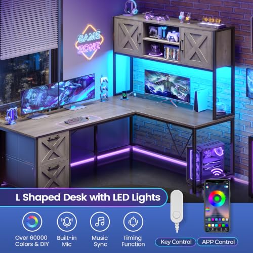 SEDETA L Shaped Gaming Desk, Reversible 86.6" Computer Desk with Fabric Drawers and Power Outlet, Gaming Desk with Led Lights, Hutch and Storage for Home Office, Light Gray - color: Light Gray