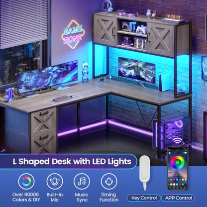 SEDETA L Shaped Gaming Desk, Reversible 86.6" Computer Desk with Fabric Drawers and Power Outlet, Gaming Desk with Led Lights, Hutch and Storage for Home Office, Light Gray - color: Light Gray