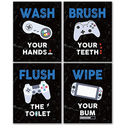 FALJIOK Funny Game Wall Decor for Bathroom, Gaming Video Game Art Prints for Son Gamer, Inspirational Bathroom Poster Set of 4(8" x 10") Unframed