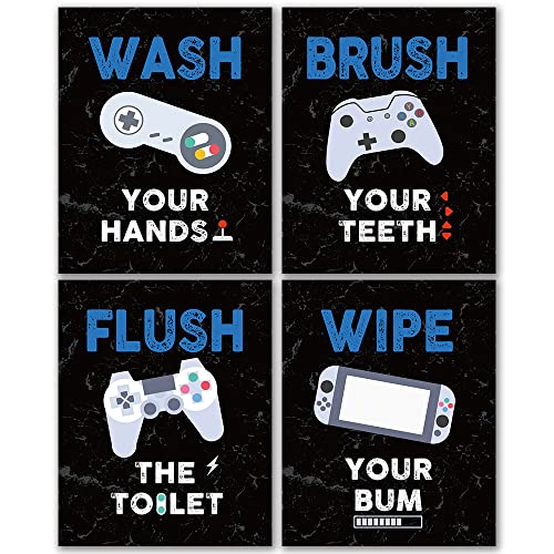 FALJIOK Funny Game Wall Decor for Bathroom, Gaming Video Game Art Prints for Son Gamer, Inspirational Bathroom Poster Set of 4(8" x 10") Unframed