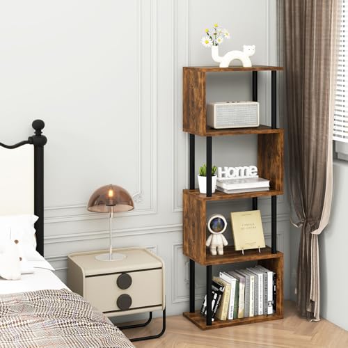 IBUYKE 5-Tier Tall Bookshelf,S-Shaped Geometric Bookcase, Wood Display Shelves with Storage,Industrial Bookshelf for Living Room Bedroom, Home Office, Rustic Brown WBC015H - color: Rustic Brown, size: 5 Tier