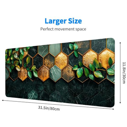 Gold Leaf Desk Mat Gaming Large Mouse Keyboard Pad Green Marble Honeycomb Desktop Mat for Keyboard and Mouse Extra Full Desk Computer Pads 31.5" x 11.8" - color: Gold Leaf, size: 31.5L x 11.8W inches