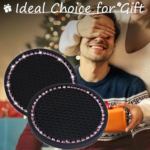 BFXM 2 PCS Bling Cup Holder Coasters for Car, Car Accessories for Women 2.75 inch Diamond Universal Non-Slip Silicone Cup Holder Coasters, Sparkly Bling (Pink Diamond) - color: Black+bling Pink