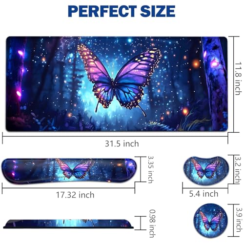 Large Mouse Pad + Keyboard Wrist Rest Set, Extended Gaming Mousepad (31.5X11.8 inch) with Non-Slip Rubber, Ergonomics Memory Foam Mouse Wrist Rest Support, Beautiful Butterfly XXL Desk Pad - color: Yu-Mouse Pad-3-B47