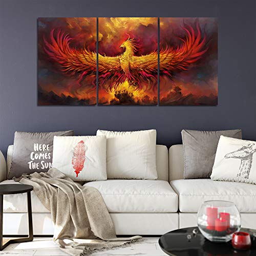 Yetaryy Fantasy Wall Art Canvas Prints Golden Red Burning Phoenix Volcanic Ancient Mystic Animal Birds Living Room Bedroom Home Decor Wall Decoration 3 Panels Wood Framed Poster - 48" W x 24" H - color: Art-09, size: 48"W x 24"H