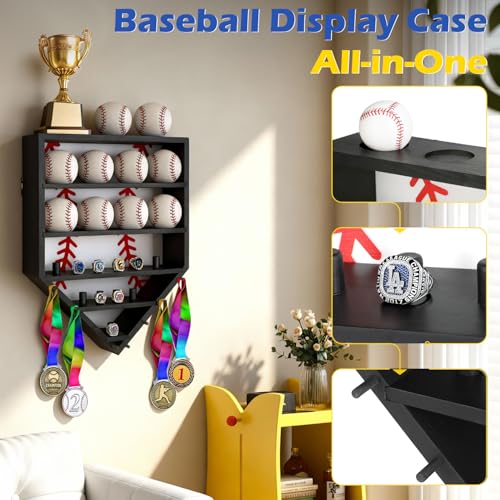 Baseball Ring Display Case - Solid Wood Wall Mounted Baseball Holder for Balls, Championship Rings, Medals & Trophies - Perfect Baseball Fan Gift (Black)