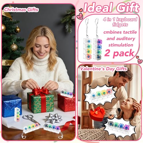 2 PCS 4-in-1 Keyboard Fidget Toy Keychain, Finger Clicky Button Toy Stress Relief Keychain with Swappable Keycaps, Mini Mechanical Key Fidget for Office Desk Focus Gifts (Mix Transparent) - color: Mix Transparent