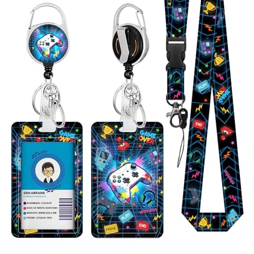 Gaming Lanyards for ID Badge, Gift for Teacher Nurse Women Men | Blue Game Lanyard ID Card Holder with Retractable Reel Clip and Keychain, Identity Badge Cover Case Protector - color: Game-blue