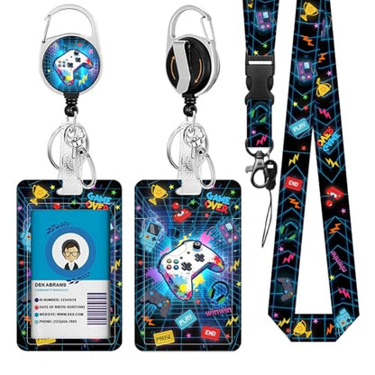Gaming Lanyards for ID Badge, Gift for Teacher Nurse Women Men | Blue Game Lanyard ID Card Holder with Retractable Reel Clip and Keychain, Identity Badge Cover Case Protector - color: Game-blue