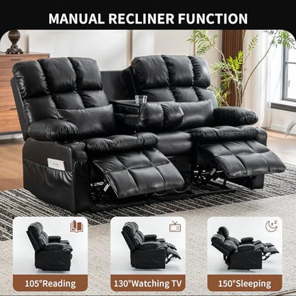 Loveseat Recliner Sofa with Massage & Heat, Reclining Loveseat with Console with Drop Down Table, Bluetooth Speaker, USB/Outlet/Storage/Cup Holder/Side Pocket, Home Theater Seating, Black - color: Black, size: Loveseat with Console