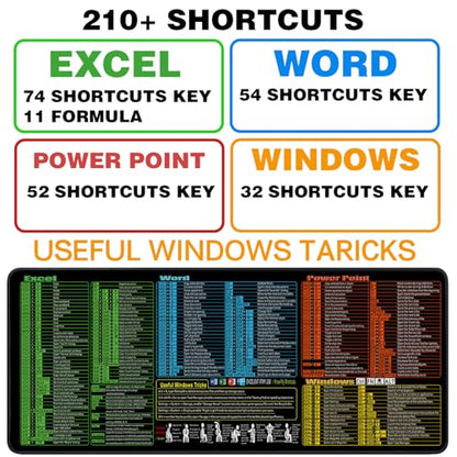 Mouse Pad for Excel/Word/PowerPoint/Windows Shortcuts, Excel Cheat Sheet Desk Pad PC Desk mat, 31.5"x11.8" Large XL Mouse Pad, Office Desk Accessories for Desk Mat for Office, Gaming - size: 31.5L x 11.8W inches