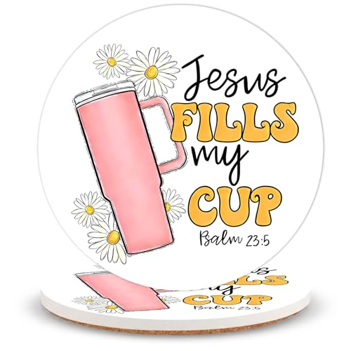 Faith My Cup Ceramic Coasters of 2 with Cork Backing Absorbent Coaster | Non-Slip Coasters for Drinks and Coffee Table Office Desk Home Decor, Gifts for Faith Fans, Mom, Christian Believers - color: God Fills the Cup