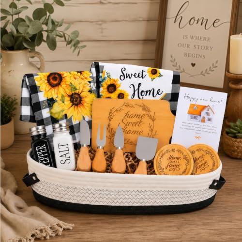 14 Pcs House Warming Gift New Home Gift Basket with Bamboo Serving Board, Dish Towels, Cheese Knife Set, Key Holder for Couples Women Men Clients, Closing Gift for Home Buyers, New Homeowner