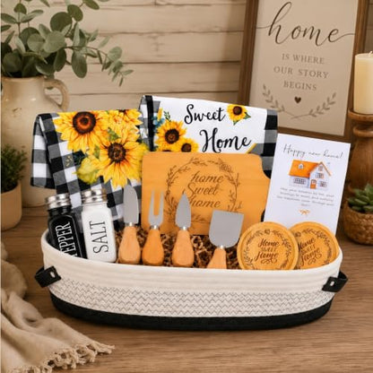 14 Pcs House Warming Gift New Home Gift Basket with Bamboo Serving Board, Dish Towels, Cheese Knife Set, Key Holder for Couples Women Men Clients, Closing Gift for Home Buyers, New Homeowner