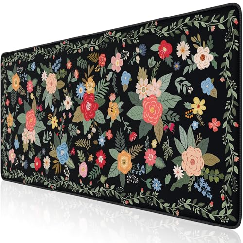 iCasso Floral Desk Mat for Keyboard and Mouse,Cute Gaming Mouse Pad XXL,Anti-Slip Desk Matt for Desktop,Soft Lycra Surface Computer Mat Women,Girly Big Mousepad for Home Office (Black Floral) - color: Black Floral