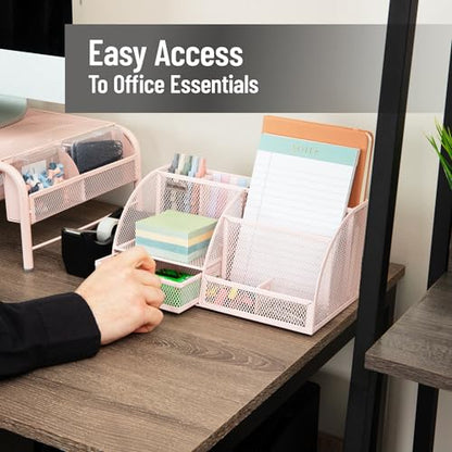 Mind Reader 7-Compartment Desktop Organizer, Metal Mesh Desk Organizer for Pens, Sticky Notes, Mail and Office Supplies, Pink - color: Pink