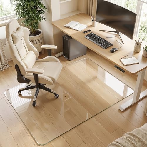 Tempered Glass Chair Mat for Hardwood Floor, 36" x 48" Heavy Duty Glass Office Chair Mat, for Low Pile Carpet, 0.2" Thick with 4 Non-Slip Pads, Smooth Rolling for Home & Office - size: 36" x 48"