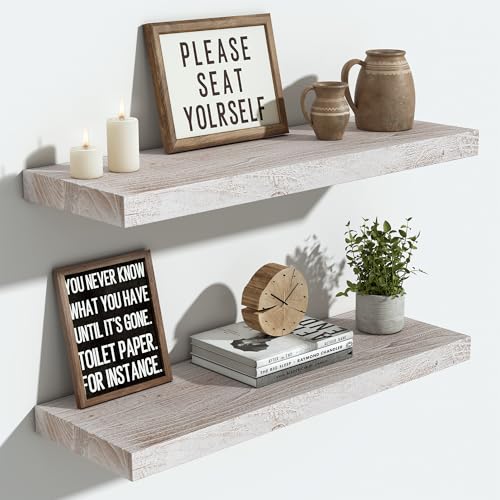 Flat Edge Elm Wood Floating Shelf with Invisible Bracket 24”Weathered White - color: Weathered White, size: 24”,set of 2