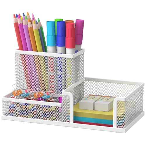 SUPEASY Pen Holder Desk Organizer, Office Supplies Pencil Holder with 3 Compartments, Desk Accessories and Workspace Organizers for Home School Classroom, White - color: White