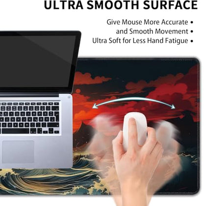 Japanese Sea Wave Large Mouse Pad,Gaming Keyboard Desk Pad,Extended Mouse Mat Non-Slip Rubber Base with Stitched Edges for Office Game Home XL 31.5"x11.8" - color: Japanese Wave, size: 31.5L x 11.8W inches
