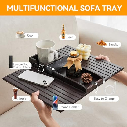 GEHE Bamboo Couch Cup Holder, Anti-Spill Sofa Arm Tray, Natural and Easy to Clean Couch Arm Cup Holder Armrest Tray Perfect for Cups, Beers, Snacks, Remote Control, Drinks - color: Deep Mahogany