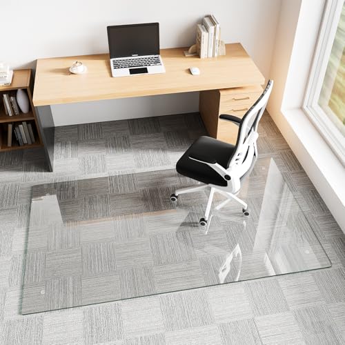 Koonmi Glass Chair Mat for Carpet, 40"x80" Tempered Glass Office Chair Mat, Glass Floor Mats with Rounded and Polished Edges, Desk Chair Mats with 4 Anti-Slip Pads for Hardwood Floor, Carpet - color: Transparent, size: 40"x80"