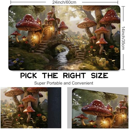 for MTG Playmat 24 x 14 Inches Enchanting Mushroom Houses Magic Play Mat Card Game Mat for Magic The Gathering TCG PTCG Playmat with Free Storage Bags Non-Slip Backing and Stitched Edge - color: Enchanting Mushroom Houses No With Zones