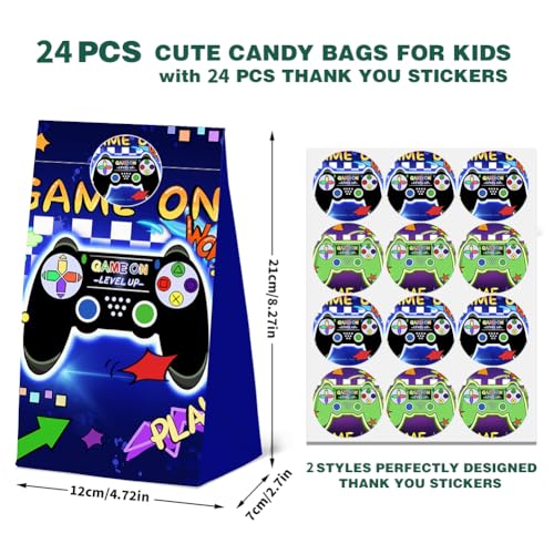 24Pcs Video Game Goodie Gift Bags with Stickers, Video GameTheme Paper Bags, Perfect for Gamer Party Supplies and Treat Bags - color: purple-24-game-bags
