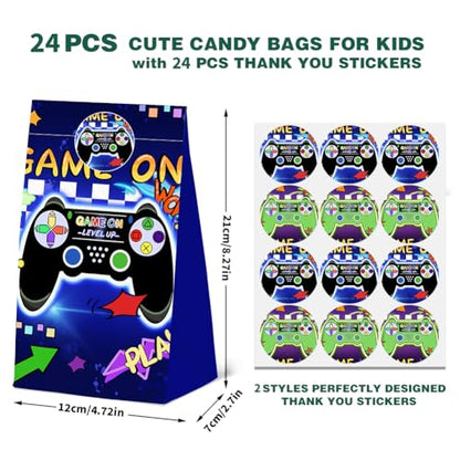 24Pcs Video Game Goodie Gift Bags with Stickers, Video GameTheme Paper Bags, Perfect for Gamer Party Supplies and Treat Bags - color: purple-24-game-bags