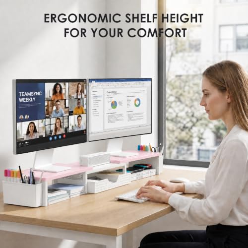 OPNICE Desk Organizers and Accessories, Dual Monitor Stand Riser with Drawer and 2 Pen Holders, Desk Shelf Wood Computer Racks for Office Workspace Organizers, Desktop Organization (Pink-White Wood) - color: Pink-White Wood