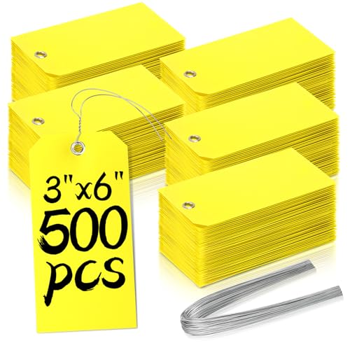 500 Pieces Plastic Shipping Tags with Wire Waterproof Hang Tags Heavy Duty Labeling Tags with String Wires Tags Labels Labeling Tags Stacking Tags for Equipment Car Parts (Yellow, 3x6) - color: Yellow, size: 3x6
