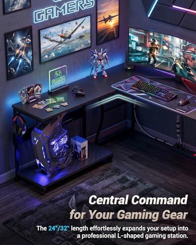 Armocity Computer Tower Stand - PC Stand for Floor with Power Outlets, PC Tower Stand for Carpet, PC Holder Under Desk with Wheels and Hooks, Gaming Console & Computer Cart, Carbon Fiber Black, 24"
