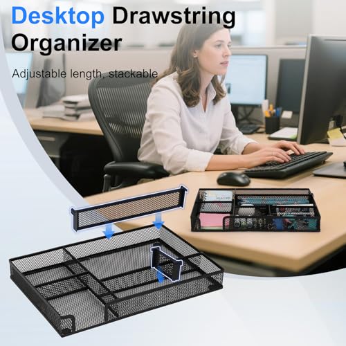 SANWICH Desk Organizer, Desk Drawer Organizer Tray with 2 Adjustable Compartments, Desktop Metal Mesh Office Desk Organizer, Multifunction Pen Organizer Set for Office School Home Makeup Supplies (1)