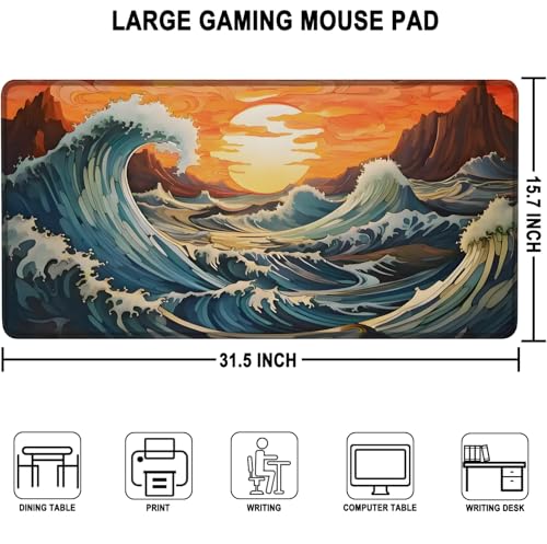 Gaming Mouse Pad, Waterproof Extra Large Mousepad with Stitched Edges, 31.5" x 15.7" Non-Slip Rubber Base Office Big Long Keyboard Pad for Office Gamer Home XXL, (Waves Sunset) - color: Waves Sunset
