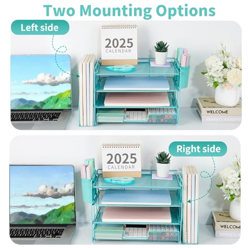 OPNICE Desk Organizer, 4-Tier Desktop File Organizer with Drawer and 2 Pen Holders, Office Desk Accessories, File Sorters, Workspace Organizers for Office Supplies(Teal Blue) - color: Teal Blue, size: 4-tier